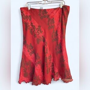 Hillard & Hanson Red Silk Floral Mini Skirt Y2K Ruffle Hem Women’s XL